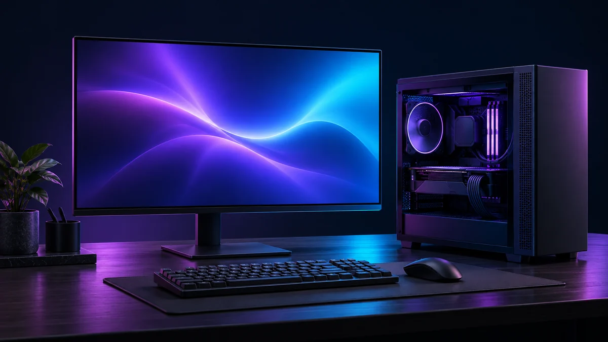 Illustrated desktop workstation with a graphics-equipped PC tower and a violet-and-cyan monitor